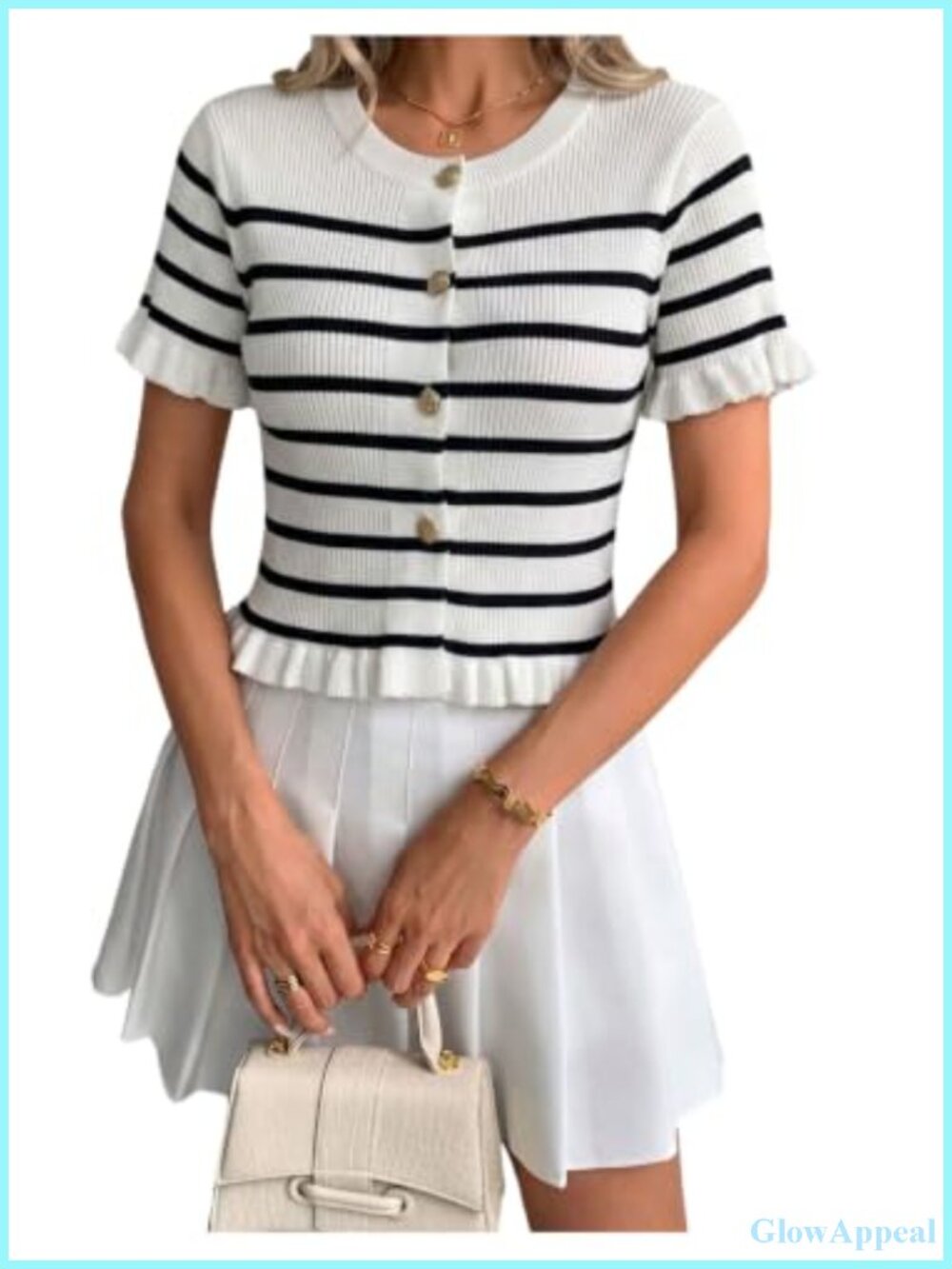 Striped Button Down Cardigan Sweater Crew Neck Short Sleeve Ruffle Knit
